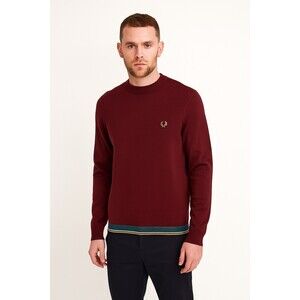 Fred Perry Mens Merino Wool Pullover Crew Neck Sweater Burgundy Jumper XL Preppy